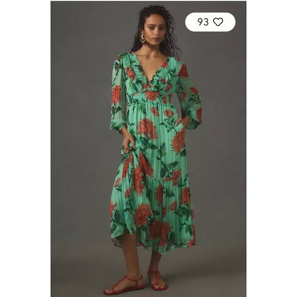 ANTHROPOLOGIE Odetta Ruffled V-Neck Midi Dress // Small Petite - Picture 1 of 13